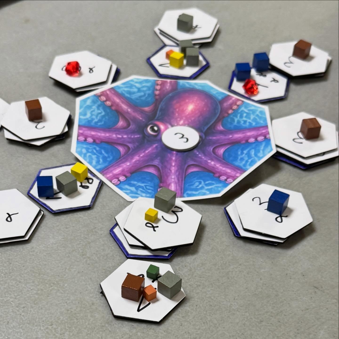 Back to designing a gateway game lesson 8: Moderate Interaction.
In Carcassonne, players can (sort of) interact if they try to get into the same City, or Road, but it definitely takes effort! In Splendor, players race for the same gem cards and to impress the nobles.
In my game Within Reach (formerly OctoScape), players can engage the same arm segments and compete for food and position to elevate… but they can also choose not to.
Keeping things friendly, or mostly friendly does lead to fun strategic play!
#gatewaygame #boardgamedesign #designinpublic #boardgamedev